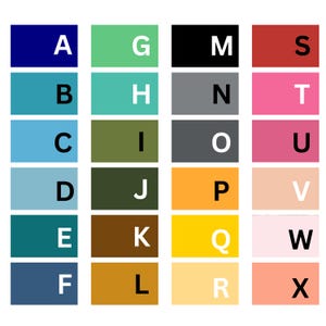 May include: A grid of twenty-four rectangular blocks, each a different solid color. Each block contains a single capital letter from the English alphabet, from A to X. The colors include blue, green, black, red, pink, and orange.