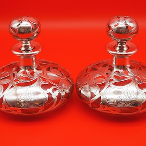 Fabulous Pair of Antique Sterling Silver Overlay Perfume Bottles, Excellent Condition