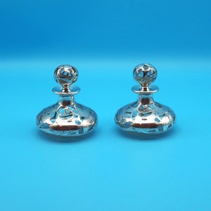 Pair of Antique Sterling Silver Overlay Perfume Bottles, Excellent Condition