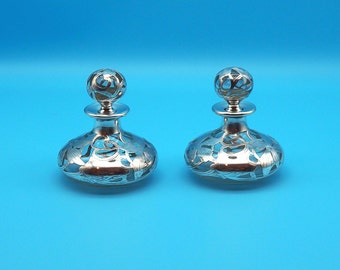 Pair of Antique Sterling Silver Overlay Perfume Bottles, Excellent Condition