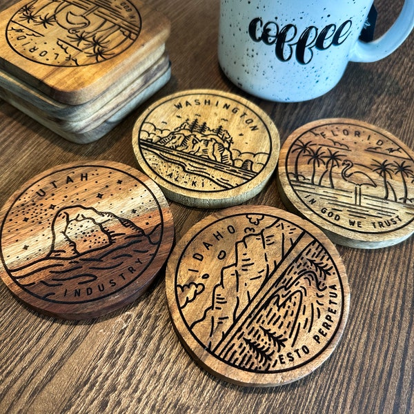 State Engraved Wood Coasters, Personalized Coaster Set, Laser Engraved, Gift Set Coasters, Travel Coasters, Home Décor Coaster, Housewarming