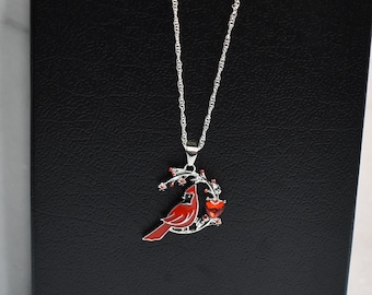 Cardinal Necklace: Red Heart Charm, Silver Bird Pendant, 26-inch Chain