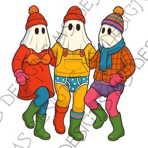 May include: A cartoon illustration of three ghosts wearing colorful outfits. One ghost wears an orange dress, pink gloves, and green boots. Another wears yellow overalls and blue underwear. The third ghost is in a plaid jacket, purple shorts, and green boots. Text at the bottom reads "PNG - JPEG - SVG."