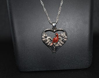 Cardinal Charm Necklace A2 - Silver - Red - Long Chain - loved one - Birds - in memory