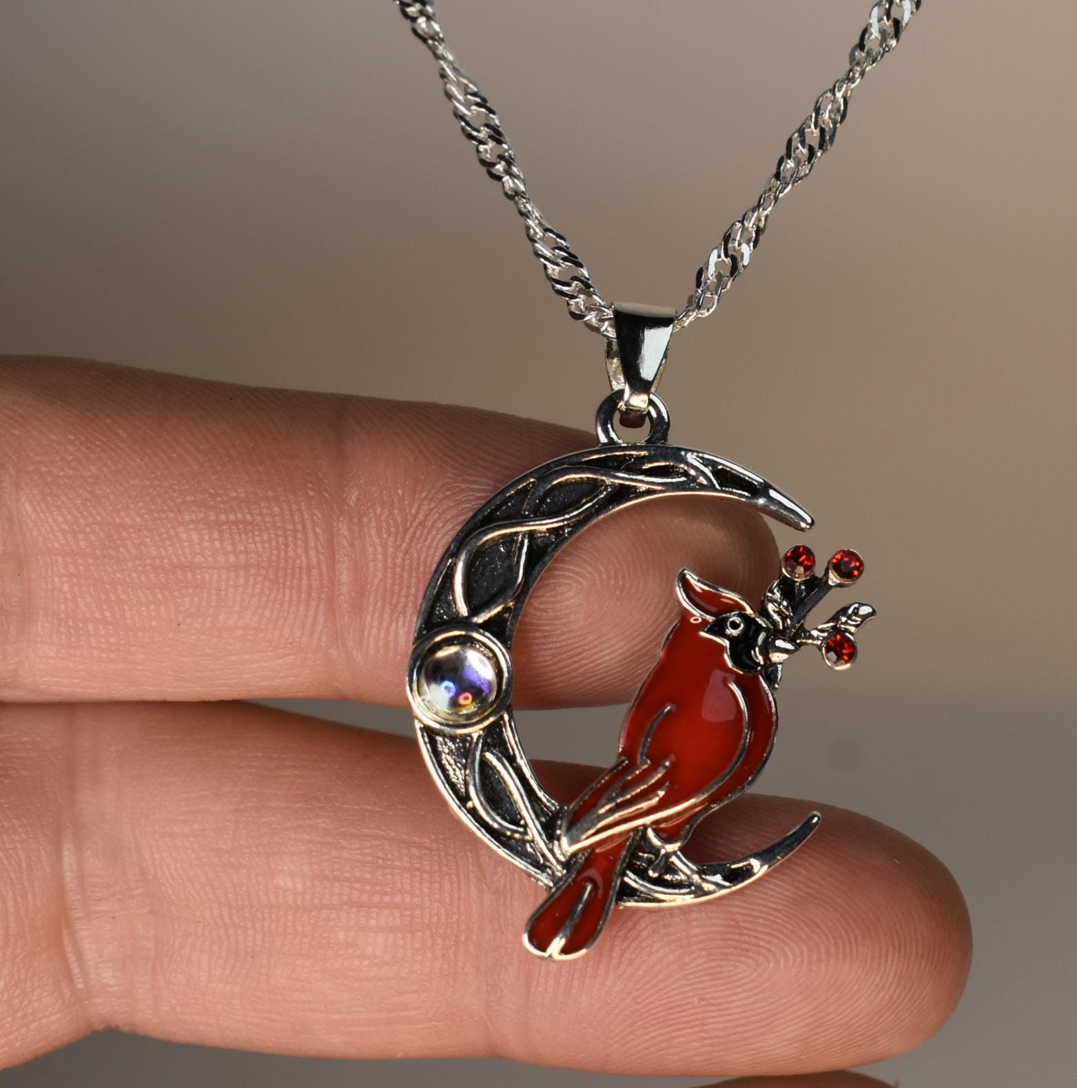 Waysles Collana Uccello Cardinale In Argento 925 Smaltato Rosso – Ciondolo Con Ramo E Zirconi - 2