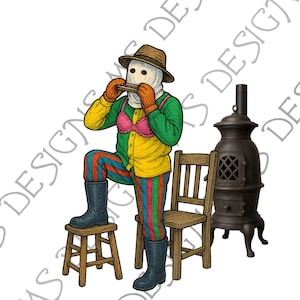 Könnte beinhalten: Eine skurrile Illustration einer Figur mit Hut, Gesichtsbedeckung und rosa BH, die Mundharmonika spielt. Die Figur trägt ein gelbes und grünes Hemd, gestreifte Hosen und Stiefel und steht auf einem Holzschemel. Ein kleiner Holzstuhl und ein schwarzer Ofen sind ebenfalls im Bild.