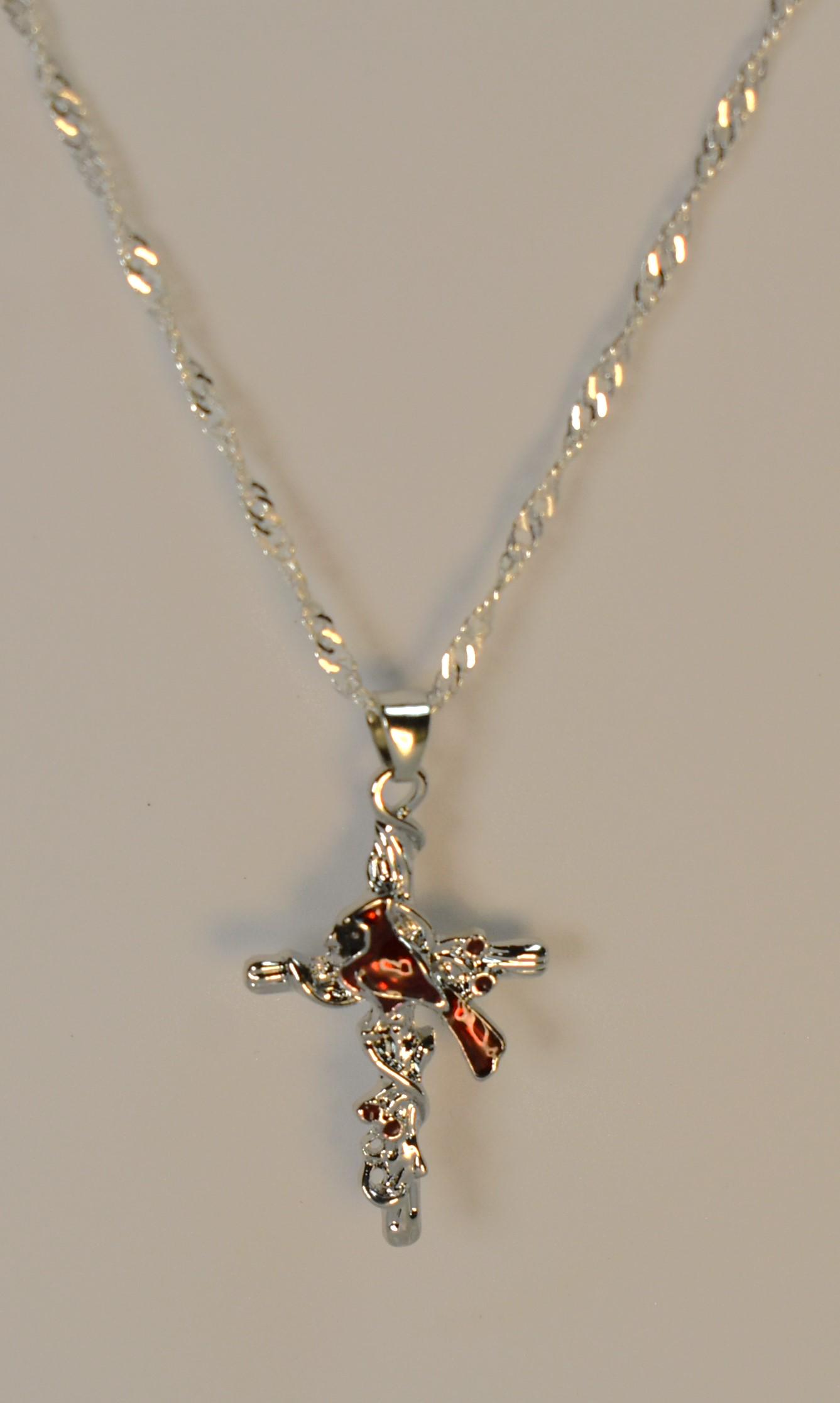 Collana a catena in argento con ciondolo uccello rosso con cuore