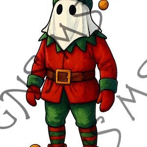 May include: A festive illustration of an elf-like character with a ghost-like head. The figure is dressed in a red jacket, green trousers, and brown shoes. The outfit includes a brown belt with a gold buckle, red gloves, and a green and red hat with a gold ball.