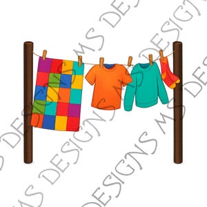 May include: A colorful cartoon illustration of laundry hanging on a clothesline. A patchwork quilt, an orange t-shirt, a teal sweater, and a pair of red socks are clipped to the line with wooden clothespins. The image includes the text "PNG - JPEG - SVG".