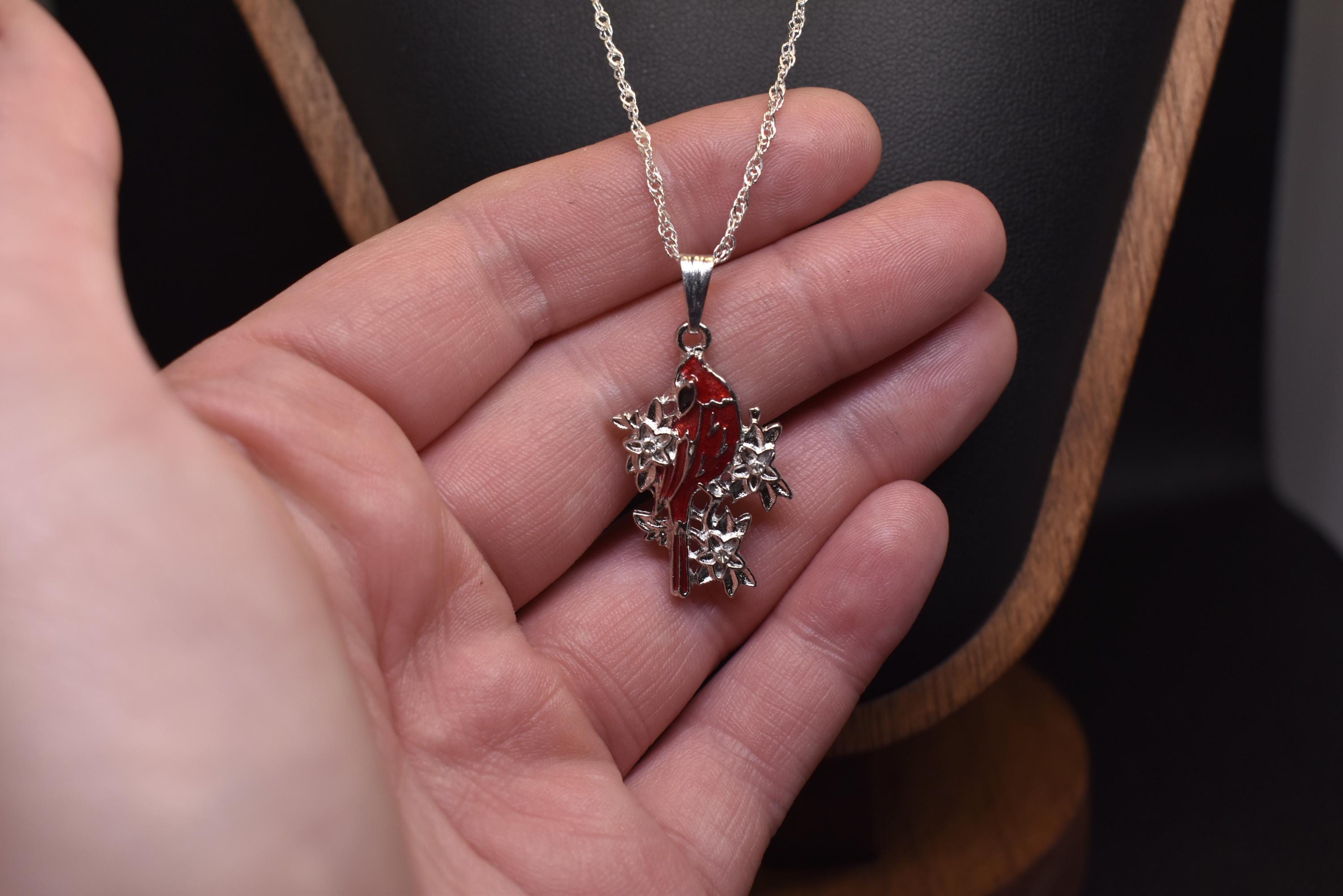 Waysles Collana Uccello Cardinale In Argento 925 Smaltato Rosso – Ciondolo Con Ramo E Zirconi - 4