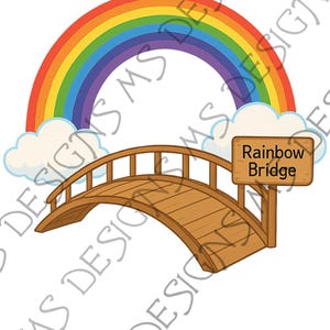 Peut inclure: Illustration colorée d'un arc-en-ciel au-dessus d'un pont en bois. Le pont porte une pancarte avec l'inscription "Rainbow Bridge". L'image contient également le texte "PNG - JPEG - SVG".