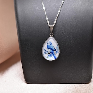 Bird Blue Jays Dome Charm featuring a Long Chain - Gift For her - Birds - Silver - Stainless - Blue Jays - Blue Birds