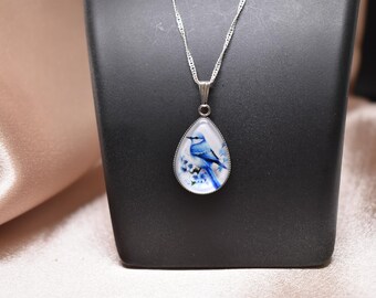 Bird Blue Jays Dome Charm featuring a Long Chain - Gift For her - Birds - Silver - Stainless - Blue Jays - Blue Birds