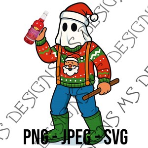May include: Cartoon illustration of a figure in a Santa hat and Christmas sweater, holding a bottle of red liquid and a wooden stick. The figure wears a white sheet over its head, blue jeans, and green boots.