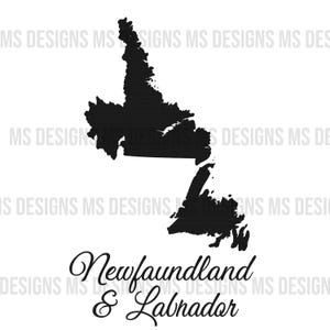 May include: A black silhouette of the Canadian province of Newfoundland and Labrador. The province's name is written in a cursive font below the map. The background has a repeating pattern of the text "MS DESIGNS".