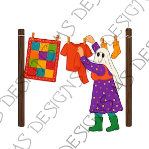 May include: Illustration of a person in a ghost costume hanging clothes on a washing line. The clothes include an orange top and socks, and a colourful quilt. The person is wearing a purple dress with orange polka dots and green wellington boots. The image text says "PNG - JPEG - SVG".