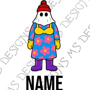 Peut inclure: Un personnage de fantôme de dessin animé portant un bonnet rouge, des gants jaunes et des bottes violettes. Le fantôme est vêtu d'une robe bleue avec des fleurs roses et un haut jaune. Le texte "*ADD NAME TO IMAGE" est en haut et "NAME" en bas.