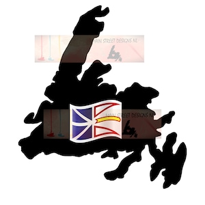 May include: A black silhouette of the island of Newfoundland and Labrador, Canada, with the flag of Newfoundland and Labrador superimposed on the island. The flag is red, white, and blue with a yellow cross. The text "MAIN STREET DESIGNS NL" is visible in the image.