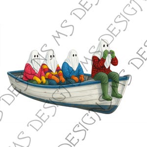 May include: Illustration of four ghost-like figures in a rowboat. The figures wear white hoods with black eyes and colorful clothing. One figure plays a harmonica. The boat is white with blue trim. Text at the bottom reads "PNG - JPEG - SVG".