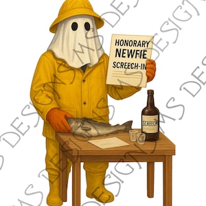 May include: An illustration depicts a figure in a yellow raincoat and hat, with a white sheet over its head, holding a sign that reads "Honorary Newfie Screech-In." A table holds a fish, a bottle of "Screech" rum, and shot glasses. The image has the text "PNG - JPEG - SVG".