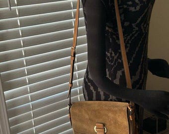 Classic Brown Suede Crossbody Bag with Tan Trim
