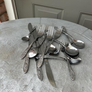 Vintage Stainless Steel Embossed Floral Design Flatware 18 Piece
