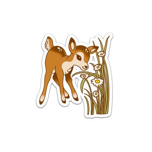 Darcy Doe - Die Cut Fawn Sticker - Matte and Waterproof - Deer Smelling Flowers