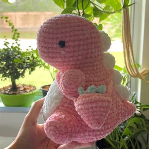 Strawberry Dinosaur Plushie - Handmade Crochet Amigurumi - Pink Dinosaur Plushie - Pink Dino Plushie - Chubby Dino