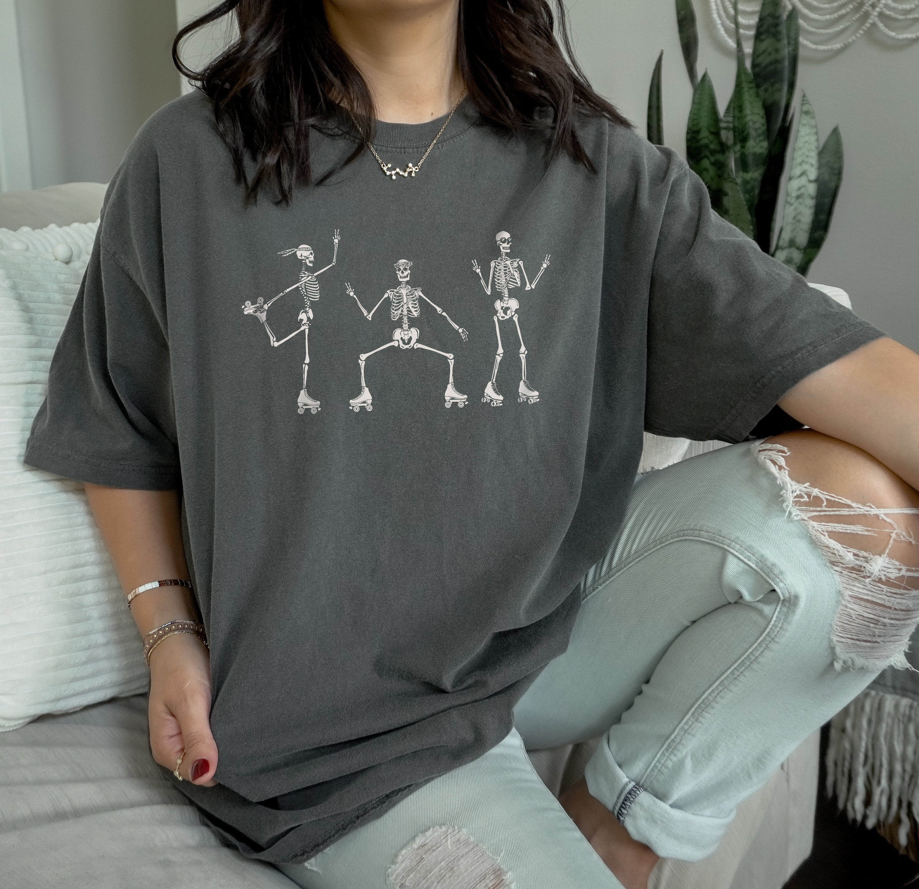 Discover Roller Skating Skeletons T-Shirt - Cozy Fall Tee, Vintage Look and Feel Oversized Shirt for Halloween