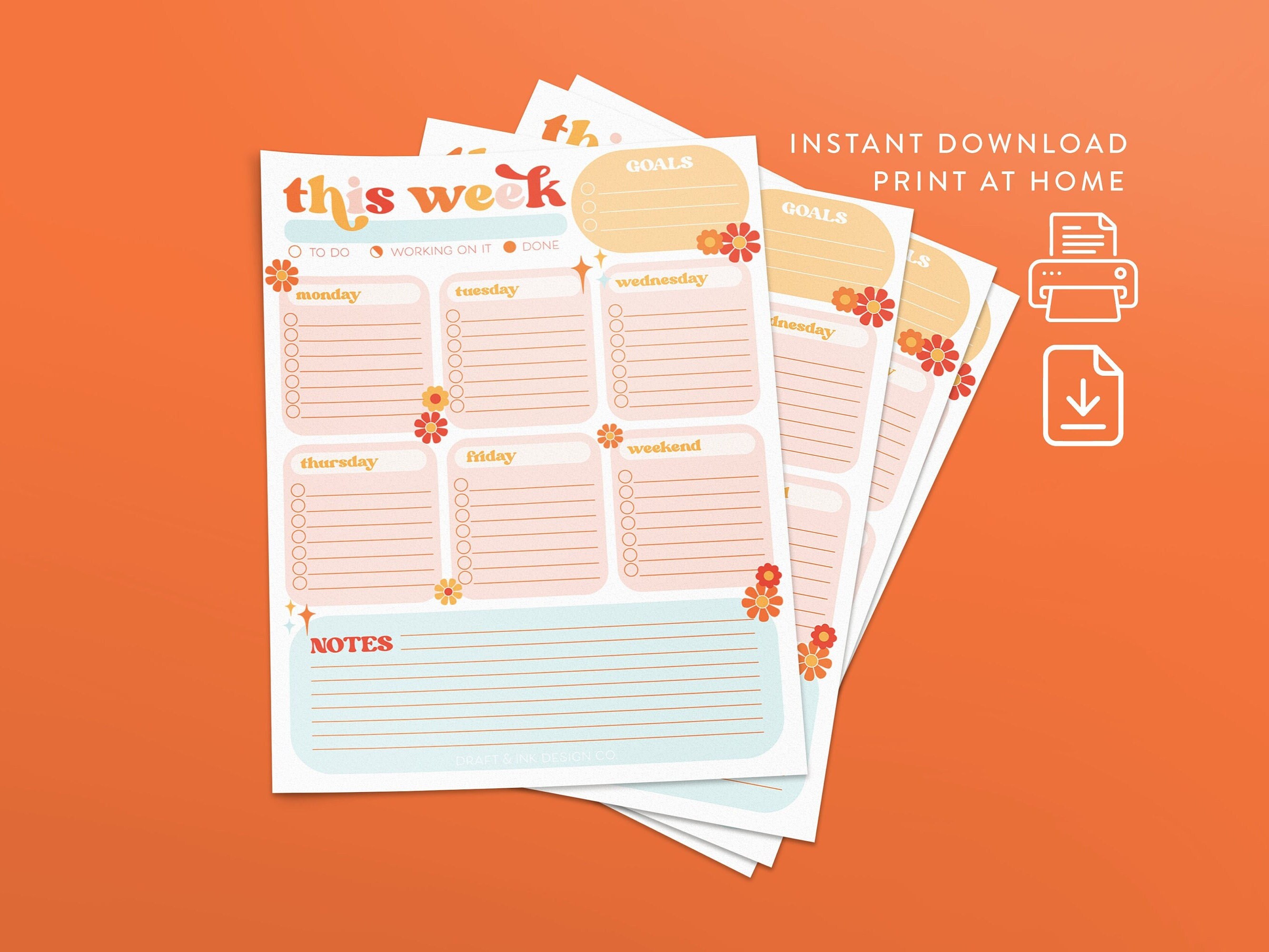 Weekly Printable Planner Instant Download Plan for the Week, Cute Retro  Design, Task List, Notes, Goals, Organize - Etsy
