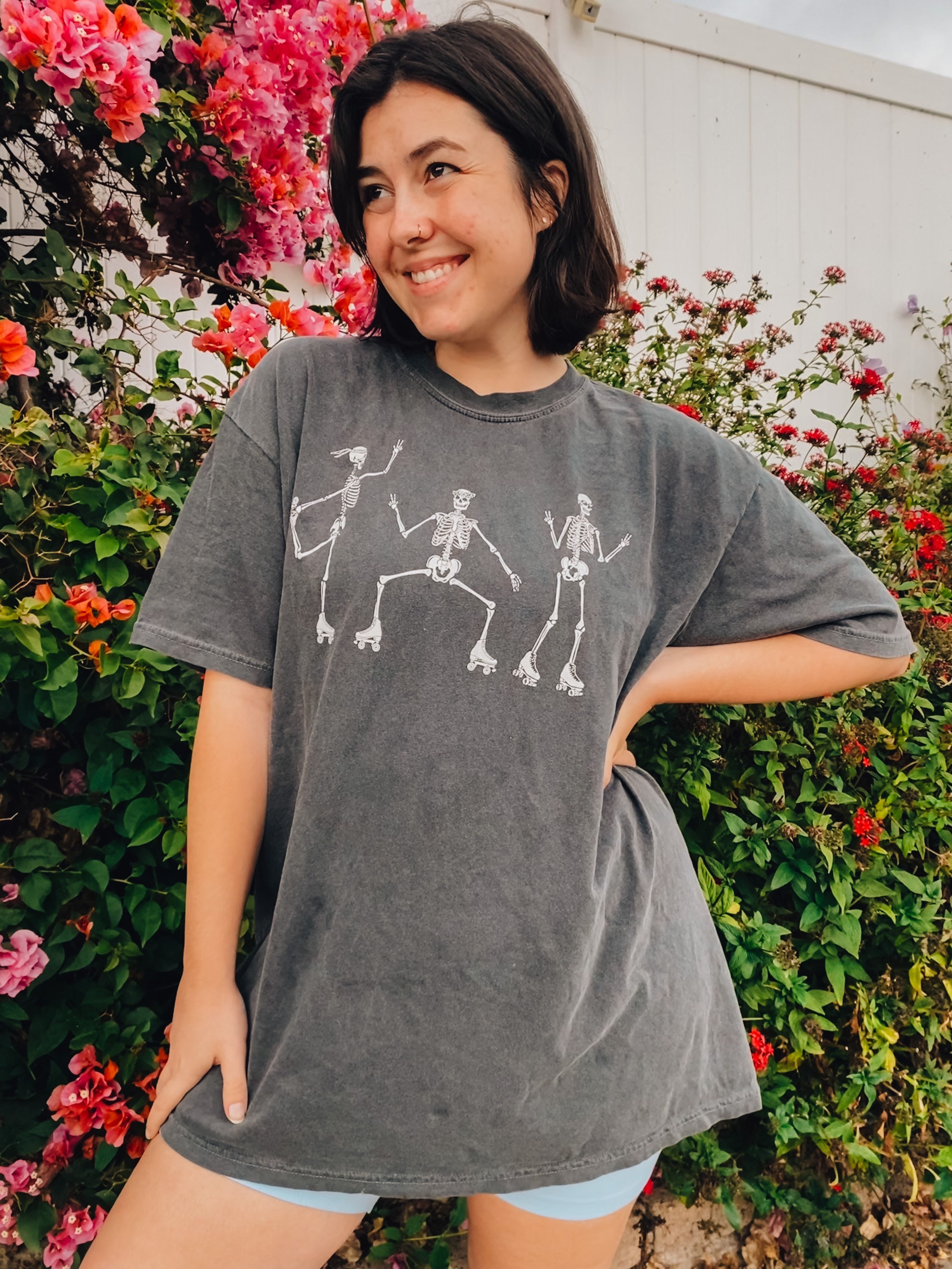 Discover Roller Skating Skeletons T-Shirt - Cozy Fall Tee, Vintage Look and Feel Oversized Shirt for Halloween