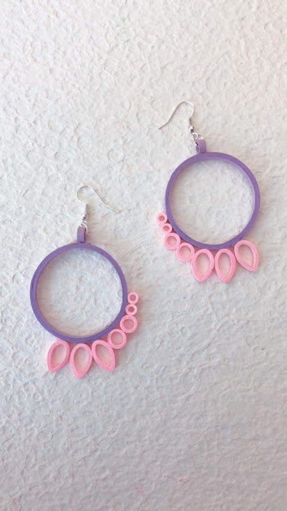 Purple Pink Round shape Quilling Earrings, Paper Jewelry, Paper  Earrings,quilled earrings