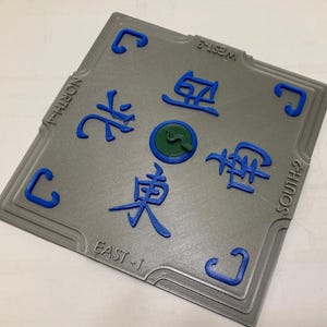 Op de afbeelding: Een vierkant grijs spelbord met blauwe richtingspijlen en Chinese karakters voor noord, zuid, oost en west. Het bord heeft een groene slang in het midden.