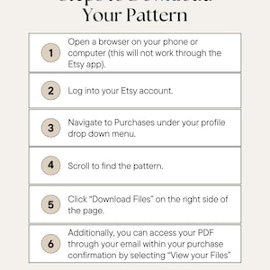May include: An instructional graphic titled Steps to Download Your Pattern, featuring a numbered list from 1 to 6. Each step provides specific directions for accessing digital files from an Etsy account via a web browser, excluding the mobile app.