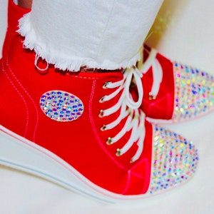 Ladies Red Canvas Wedge Sneaker High Top Rhinestone Lace up and Zipper High Heel Wedding Shoes