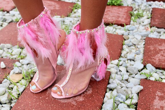 pink feather shoes