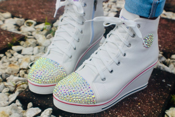 Women's White Wedge Sneaker High Heel Rhinestone High Top Zipper