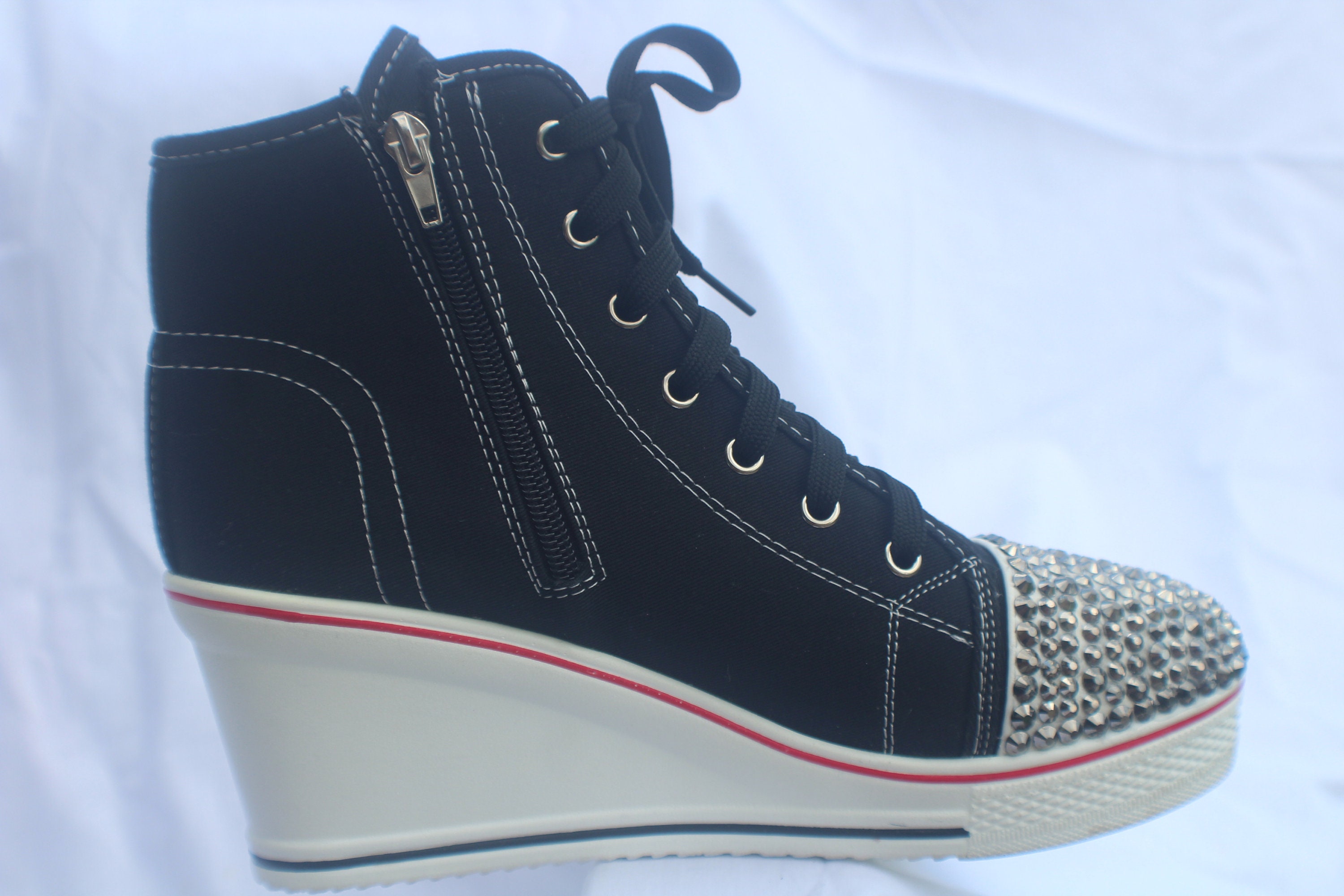 Women s Black Canvas Wedge Hi top Rhinestones High Heel Sneaker