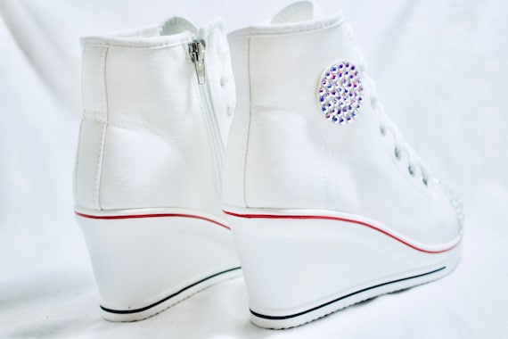 Women's White Wedge Sneaker High Heel Rhinestone High Top Zipper