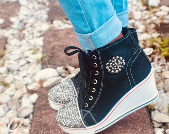 Women s Black Bling Canvas Wedge Hi Top Rhinestones Party Wedding High Heel Sneaker ladies Glitter Custom Platform Casual Trendy Shoes