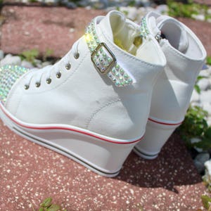 Wedge White High Top Canvas Bling Sneakers Rhinestone Platform Sparkling Party Shimmer Wedding Shoes