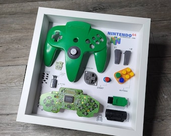 Caixa de sombra diorama para controle N64 verde decoração de parede sala de jogos joystick desmontagem decoração presente caixa de sombra desmontada