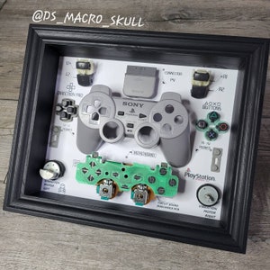 Puede incluir: Obra de arte enmarcada que presenta componentes desmontados de un mando de PlayStation. El mando gris, los botones y la placa de circuito están dispuestos sobre un fondo blanco. El marco negro rodea las piezas, con texto y diagramas.