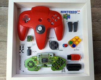 Diorama de caixa de sombra para controle N64 vermelho decoração de parede decoração de sala de jogos desmontado joystick decoração caixa de sombra desmontagem
