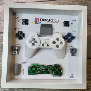Puede incluir: Una pantalla enmarcada de un mando de PlayStation desmontado, con el mando gris original, botones, almohadillas de goma, una placa de circuito y el texto "PlayStation Introducida: 1994".