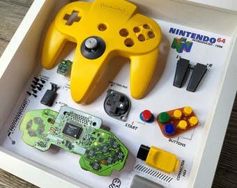 Caixa de sombra diorama para controle N64 amarelo decoração sala de jogos joystick desmontagem decoração presente caixa de sombra desmontada