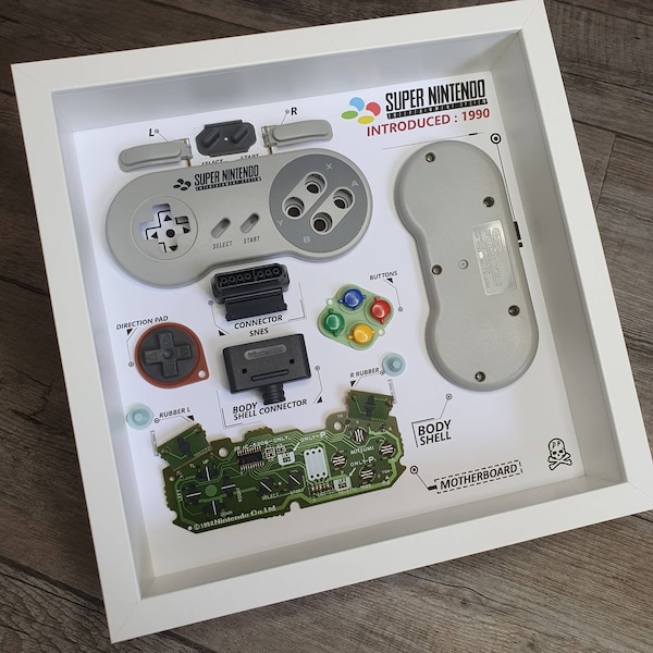 Nintendo snes shadowbox diorama contrôleur Démonté Console Wall Art Cadeaux pour amis Wall Decor peinture personnalisée nerd geek toile