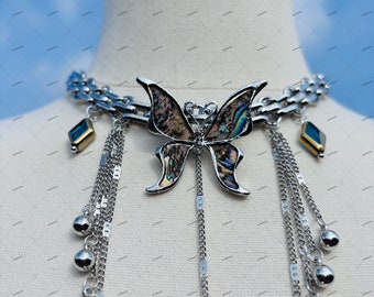 Gargantilla de mariposa gótica, gargantilla de concha de abulón, gargantilla de mariposa de metal, collares de encanto personalizados, fiesta de cosplay gótico, regalo para gothicgirl