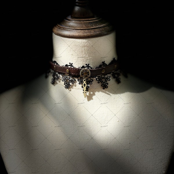 Brown Leather Gothic Lace Choker; Gothic jewelry; Gear Choker;Punk niche Choker; Cosplay Props ;Daily Wear ;Gift For Girlfriend