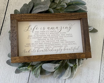 Life Is Amazing Wooden Sign – Inspirational Quote Wall Art, Rustic Farmhouse Home Décor